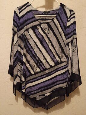 Alfani Purple & Gray Abstract Striped Hanky Hem Tunic Top - Size Medium
